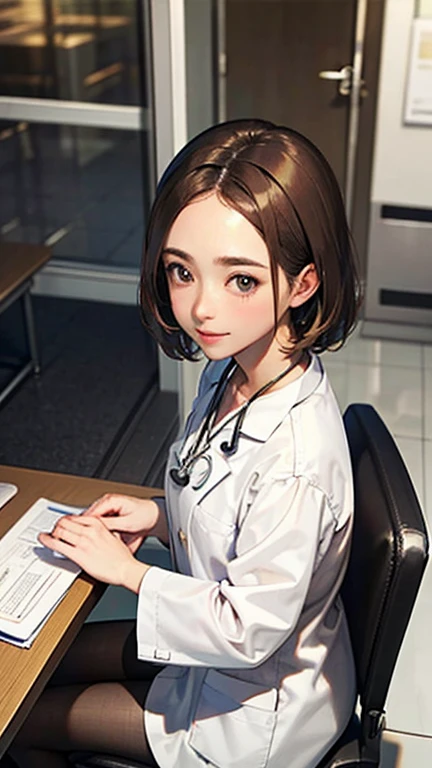 Only one female, Sitting, (From above), (Looking up at the viewer), (White) Stylish clothing, Mature Woman, /(Mid-length hair、Light brown hair、Blonde hair/) Beautiful forehead, A kind smile, (Masterpiece of the highest quality:1.2) Delicate illustrations, super detailed,  pantyhose, /(Wear a stethoscope around your neck/) break (Hospital examination room) indoor, Work Desk, (Radiograph), Detailed Background