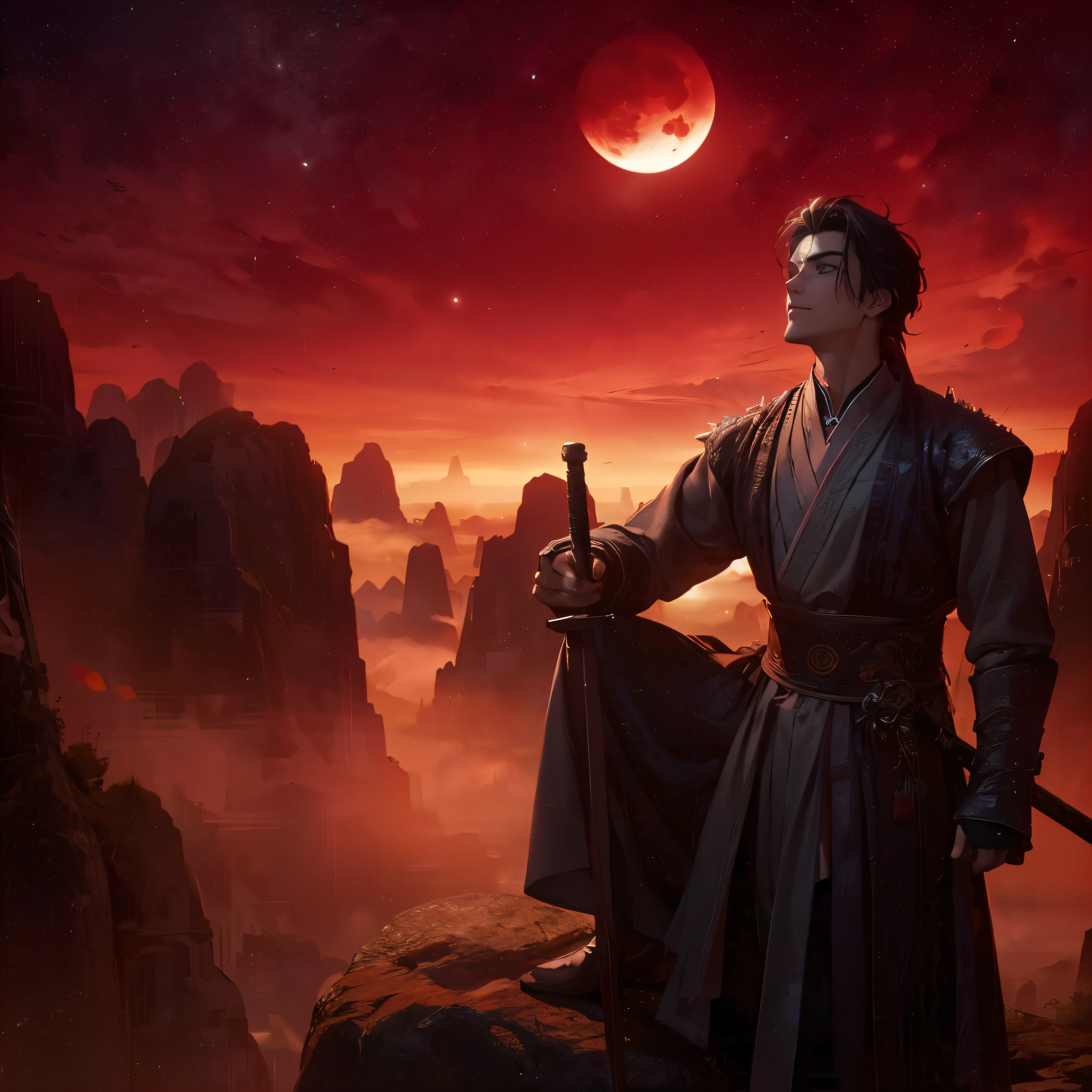 (Best Quality:1.2), (high resolution:1.2), (beautiful face and eye:1.5), (sharpest focus:1.2), (Ultra-realistic Photo:1.2), (Ultra-precise Photo:1.2), (Depth of field:1.2), (8k high resolution:1.2). (perfect :1.2), 
(nice hands:1.5), (perfect hands:1.5), (Very young beautiful Chinese man:1.0), (Standing quietly facing left:1.0), (Mars shining brightly in the night sky:1.2), (Looking up angle:1.3), (He is quietly lowering his drawn sword:1.0), 
(A Chinese warrior, very lightly armed and beaten up:1.0), (One foot on the top of a spiky boulder:1.0), (Cynical smile:1.0),