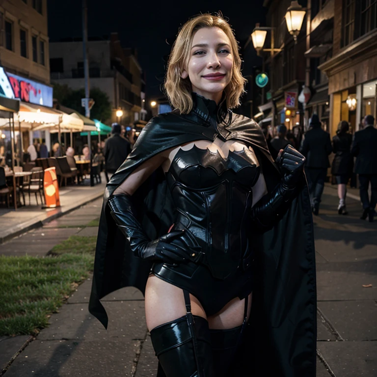 Cate Blanchett dressed as sexy Batman and smiling