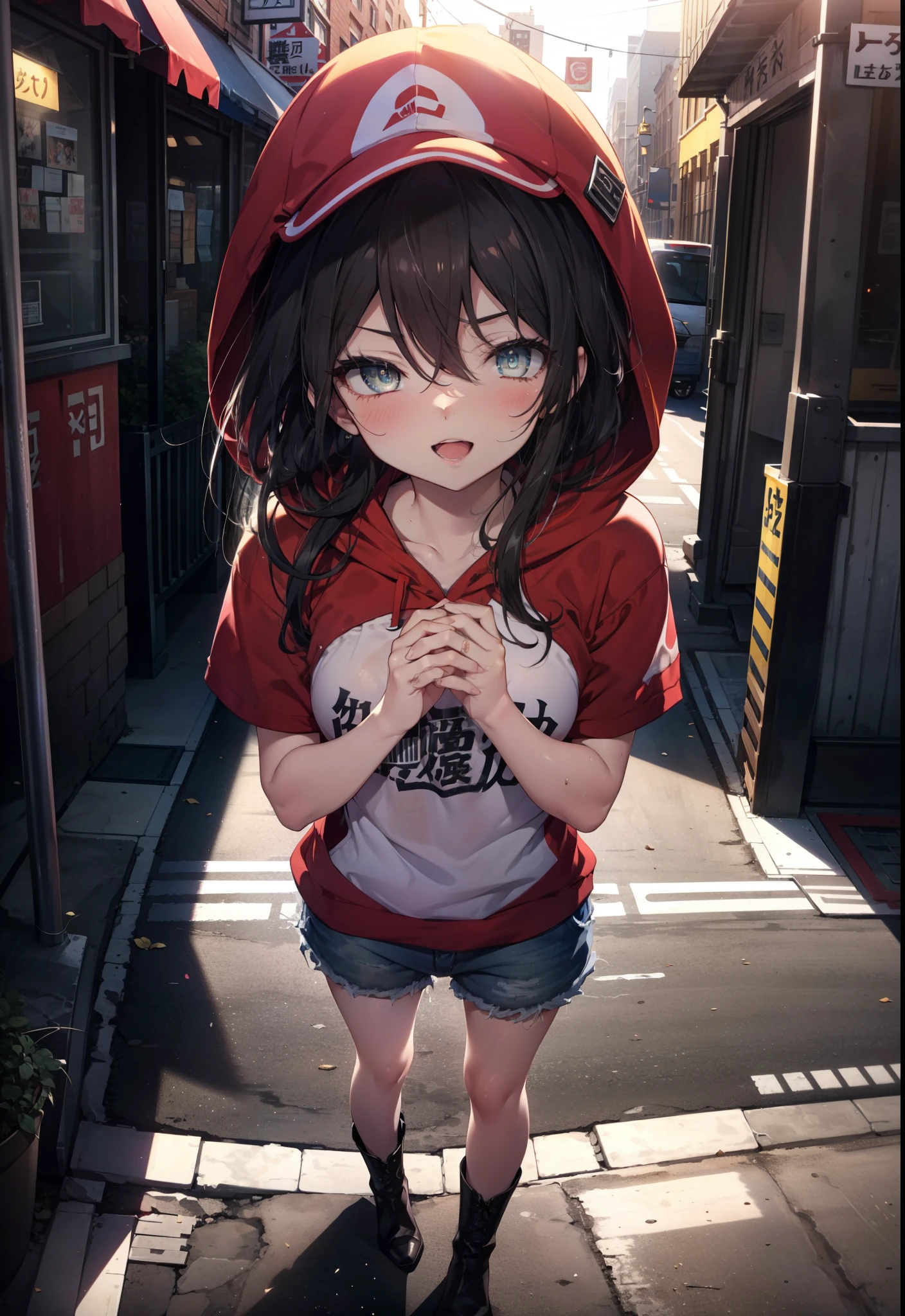 Shana,灼眼のShana,Long Hair, Black Hair,black eye, Small breasts,smile,blush,Open your mouth,Applejack Hat,Tank top shirt,Red hoodie,Short sleeve,Shorts,Black knee socks,short boots,Put your hands behind your back,Looking down from above,whole bodyがイラストに入るように,morning,morning陽,The sun is rising,
break looking at viewer, whole body,
break outdoors, City Street,construction area,
break (masterpiece:1.2), highest quality, High resolution, unity 8k wallpaper, (shape:0.8), (Beautiful and beautiful eyes:1.6), Highly detailed face, Perfect lighting, Extremely detailed CG, (Perfect hands, Perfect Anatomy),