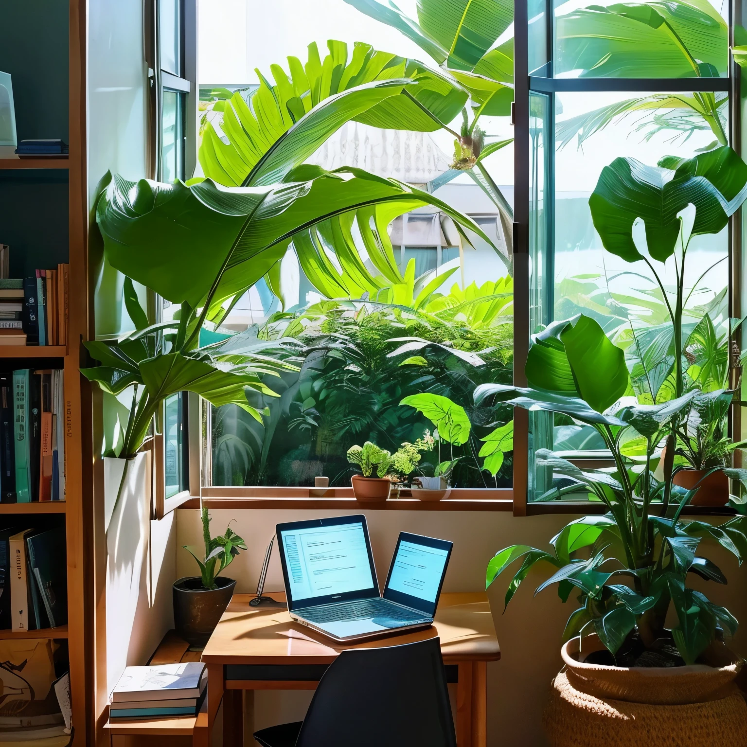 "Uma imagem de uma jovem estudando em um quarto aconchegante, sentada em uma escrivaninha com livros e um laptop. There is a window in the background with natural light coming in, plantas ao lado e uma estante cheia de livros."