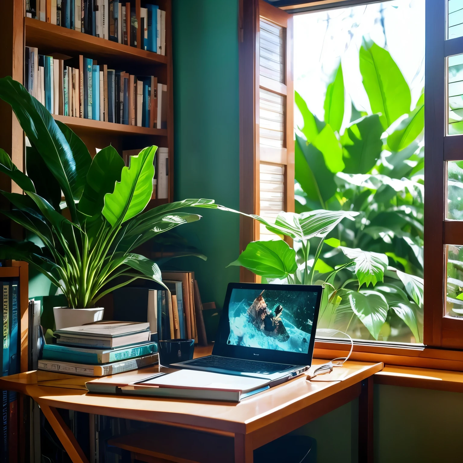 "Uma imagem de uma jovem estudando em um quarto aconchegante, sentada em uma escrivaninha com livros e um laptop. There is a window in the background with natural light coming in, plantas ao lado e uma estante cheia de livros."