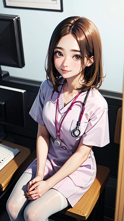 Only one female, Sitting, (From above), (Looking up at the viewer), (White) Stylish clothing, Mature Woman, /(Mid-length hair、Light brown hair、Blonde hair/) Beautiful forehead, A kind smile, (Masterpiece of the highest quality:1.2) Delicate illustrations, super detailed,  pantyhose, /(Wear a stethoscope around your neck/) break (Hospital examination room) indoor, Work Desk, (Radiograph), Detailed Background