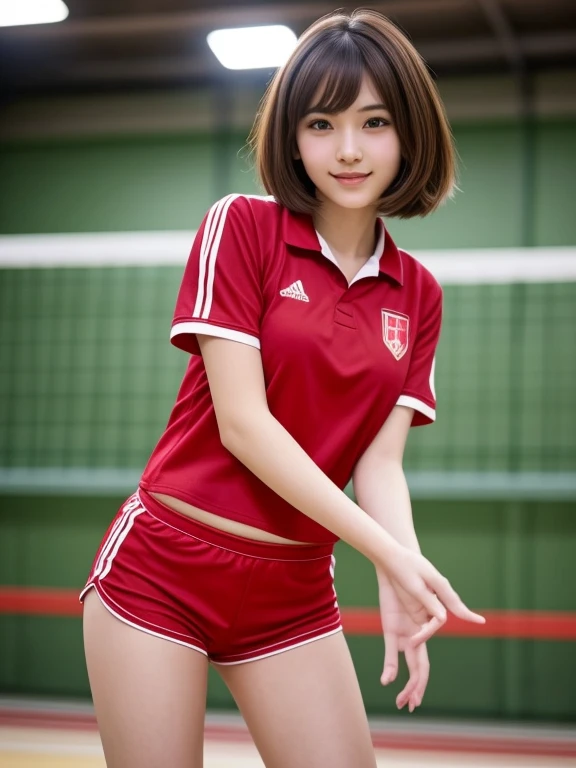 masterpiece, highest quality, High resolution, wallpaper, Realistic, Bright lighting, Professional Lighting, Face Light, Smooth lighting, Japanese Girls, ((Whole body 1.4)),Are standing, 15 years old,cute, smile, beautiful girl, gravure, sexy, so beautiful, Beautiful Skin, Beautiful and detailed、Detailed face、slim、Moderate, short hair, Brunette colored hair, Brown eyes, View your viewers,Red volleyball player uniform, ((Red short tight shorts uniform)),Indoor volleyball court,Small,