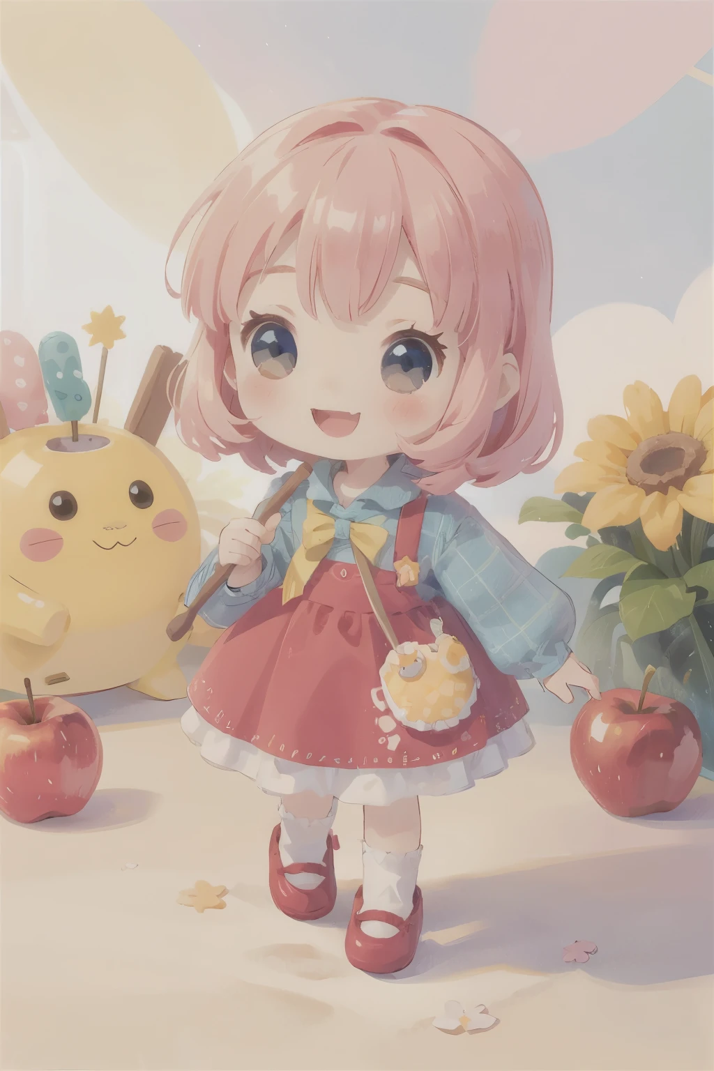 Photorealistic、Chibi Girl Doll(Apple-themed clothing、Have a magic wand、smile、Vibrant colors)