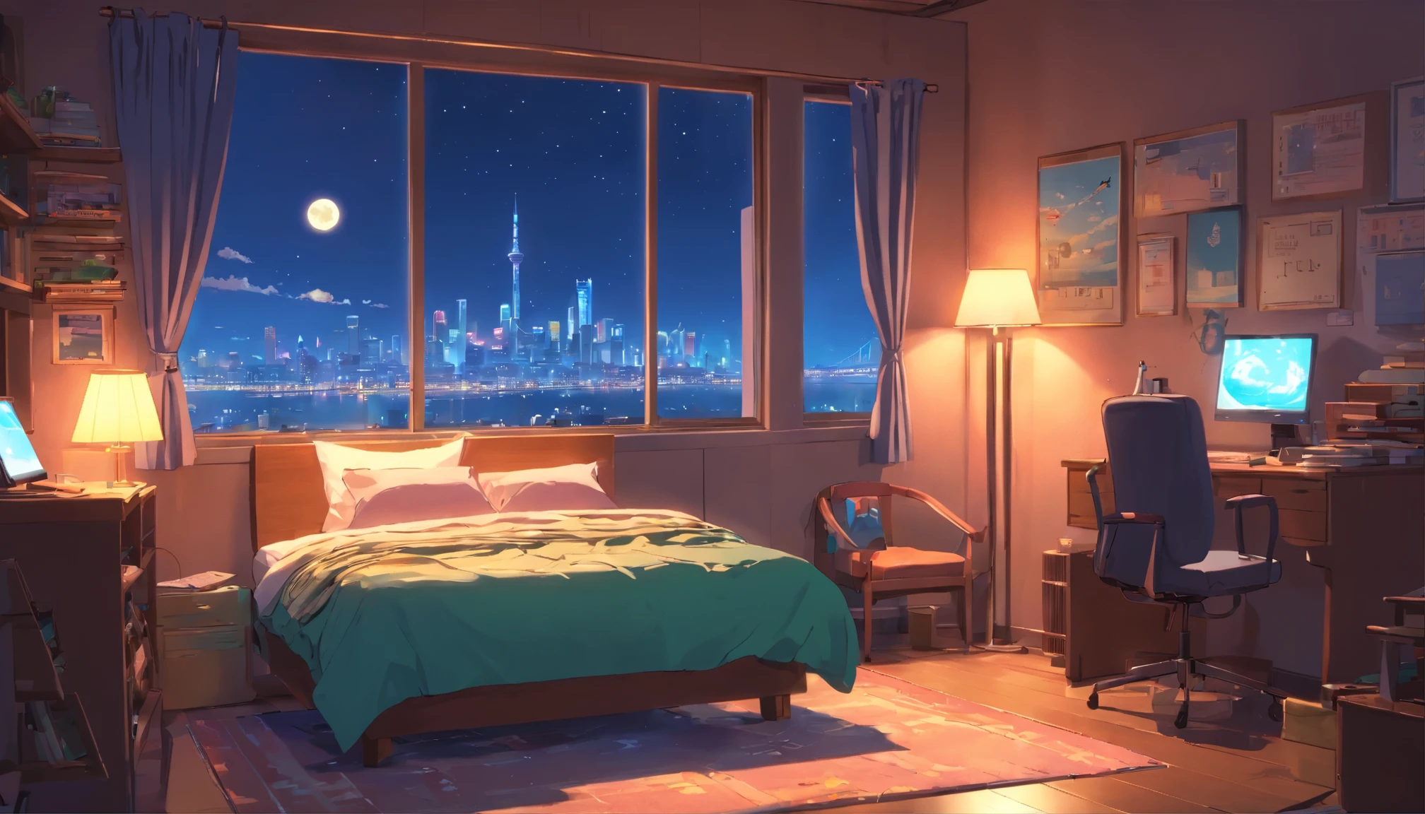 3D animated cinematic stills of a cozy room, Large windows with a view of the city at night, Moon with coat of arms, melancholic, Sad mood, The bed is not made, Computer Desk, cluttered with mismatched furniture, Geeky posters on the walls and a guitar in the corner,Pixar Style, Disney, Vaporwave