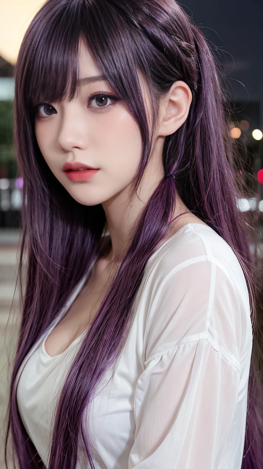 background(Black Night Sky,Big Moon),Close-up of a woman,Wearing a white shirt、Purple Hair,Very long hair,very thick braids,Purple eyes,big , realistic girl rendering, 8k artistic german bokeh, Enchanting girl, Real Girl, Gurwitz, Gurwitz-style artwork, Girl Roleplay, Realistic 3D style, cgstation Popular Topics,, 8K Portrait Rendering,(truth,truth:1.4),Wear pink pajamas,巨big ,Sparkling eyes,Purple eyes