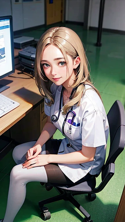 Only one female, Sitting, (From above), (Looking up at the viewer), (White) Stylish clothing, Mature Woman, /(Mid-length hair、Light brown hair、Blonde hair/) Beautiful forehead, A kind smile, (Masterpiece of the highest quality:1.2) Delicate illustrations, super detailed,  pantyhose, /(Wear a stethoscope around your neck/) break (Hospital examination room) indoor, Work Desk, (Radiograph), Detailed Background
