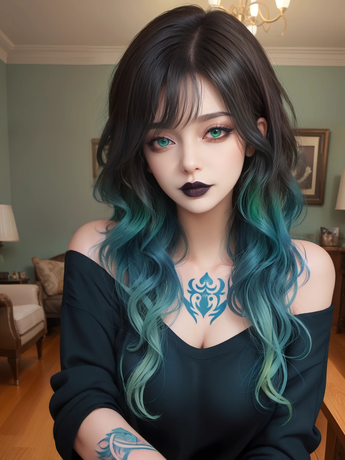 masterpiece, adult, gothic themed room, woman with green to blue ombre hair, goth, lipstick, tattoos, bangs, curly hair, eye shadow, smoky eyes, smokey eyes, sweatshirt, off the shoulder, very long hair