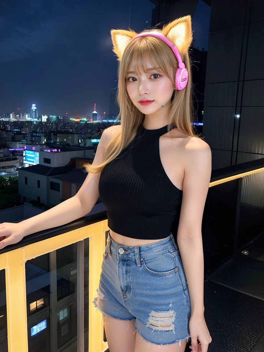 最high quality, masterpiece, 32k、Very detailed、Realistic、1 girl, Japanese women、Cute Face, (photo Actual:1.3),Bob Hair(Golden hair color、Blonde Hairstyles)、Edge lighting, (Skin with attention to detail:1.2), 8k超High resolution, Single-lens reflex camera, high quality, High resolution, 4K, 8k, Optimal ratio of four fingers to one thumb, (Actual:1.3), cute 1 girl, Realistic、Super Realistic、32k、Very detailed、masterpiece, 最high quality, beautiful girl, beauty、Mecha, Beautiful lighting, (Neon Light:1.2), (night:1.5), kpop idol costumes、Sleeveless outfit、Shorts、Large Breasts(Big 、With a valley)Cat ear headphones、Are standing、Cyber Neon、Future City、Skyscraper、City night、Shanghai、Big cities、night scene、Beautiful night scene