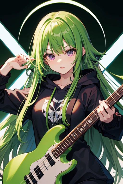 background through, long hair、straight hair、deep green hair girl, purple eyes、Super high quality, 8K、Upper body、green background、Band bassist、black hoodie、green bassguitar、big tits, deep green-haired girl、green hoodie,