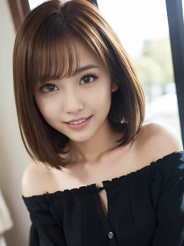 A beautiful Japanese shy girl, age 18 years old, short brown hair, brown big eyes, shiny lip, shiny hair, ecstatic expression, wearing off shoulder front button black one piece cloth, The background is very blurry, wearing high heels, A photo showing the whole body, in front of huge window,