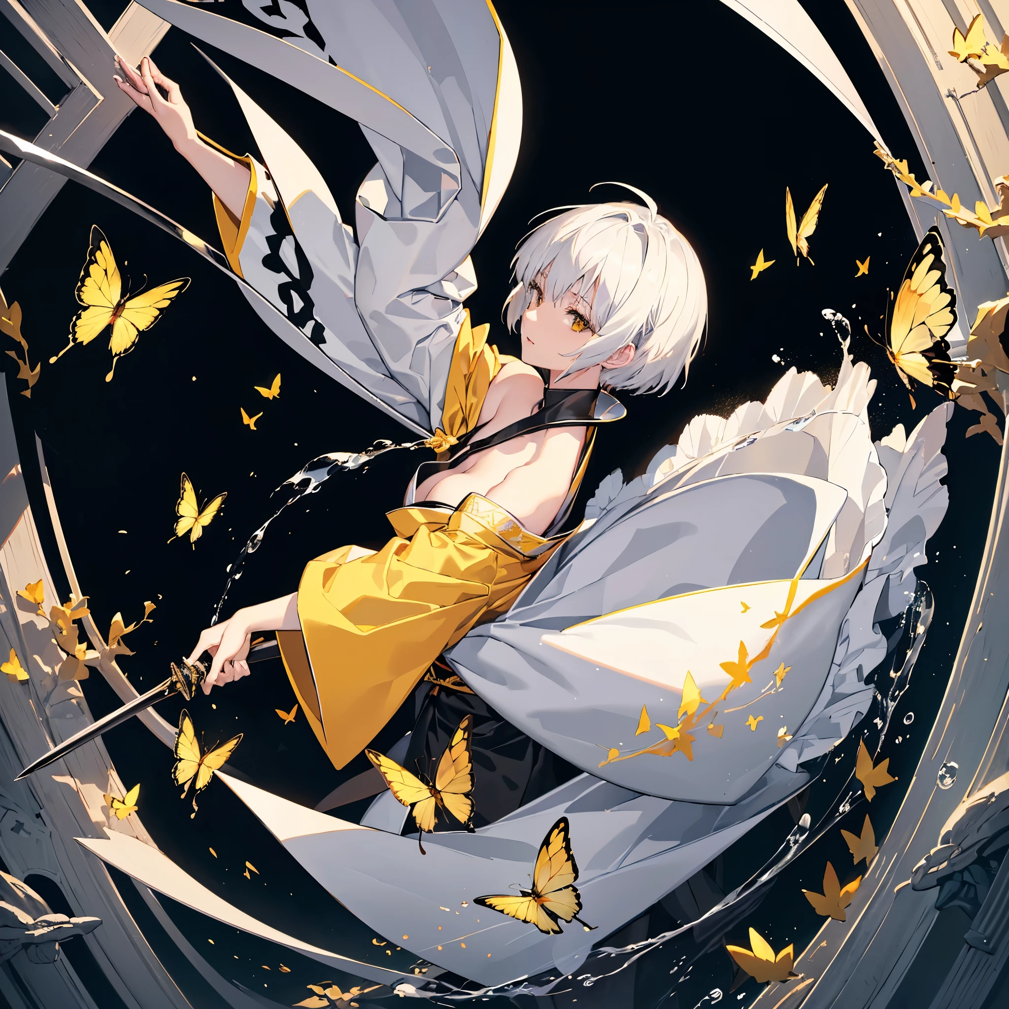 ((high resolution　White Hair　Short Hair　Black kimono　Black band　Military commander　Lonely　despair))　((Yellow butterfly　night　Japanese style　Shoulder　old　Shining Aura　garden　water surface))　(Dance　Blade of Darkness　Holding a sword　Slashing)　moon　star　Draw your sword　Slashing　Catch the wind　