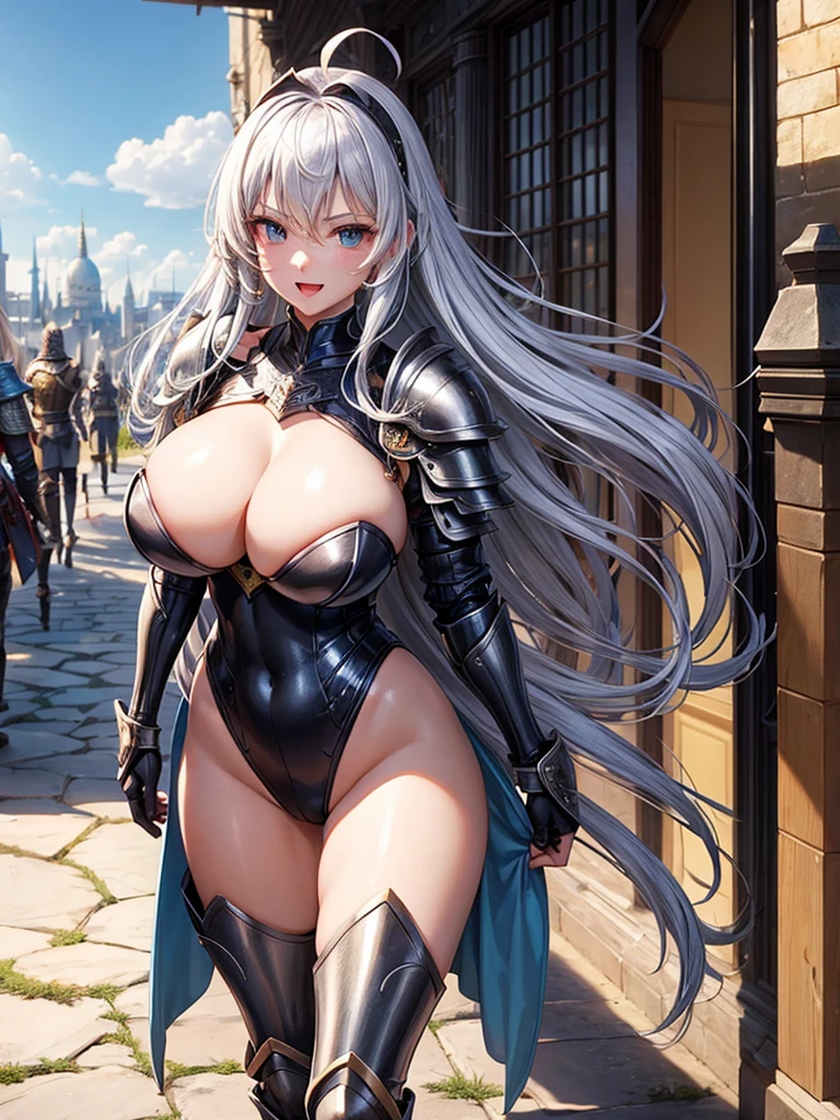 Woman knight、a beauty girl、huge tit、Excellent style、Nice Buddy、glamorous、leotard、s Armor、Shoulder rest armor、Bra chest armor、knee boots、gauntlets、hair adornments、silber hair、Longhaire、Ahoge、is standing、full body seen 、Medieval city、Walking、slightly open mouth、a smile、