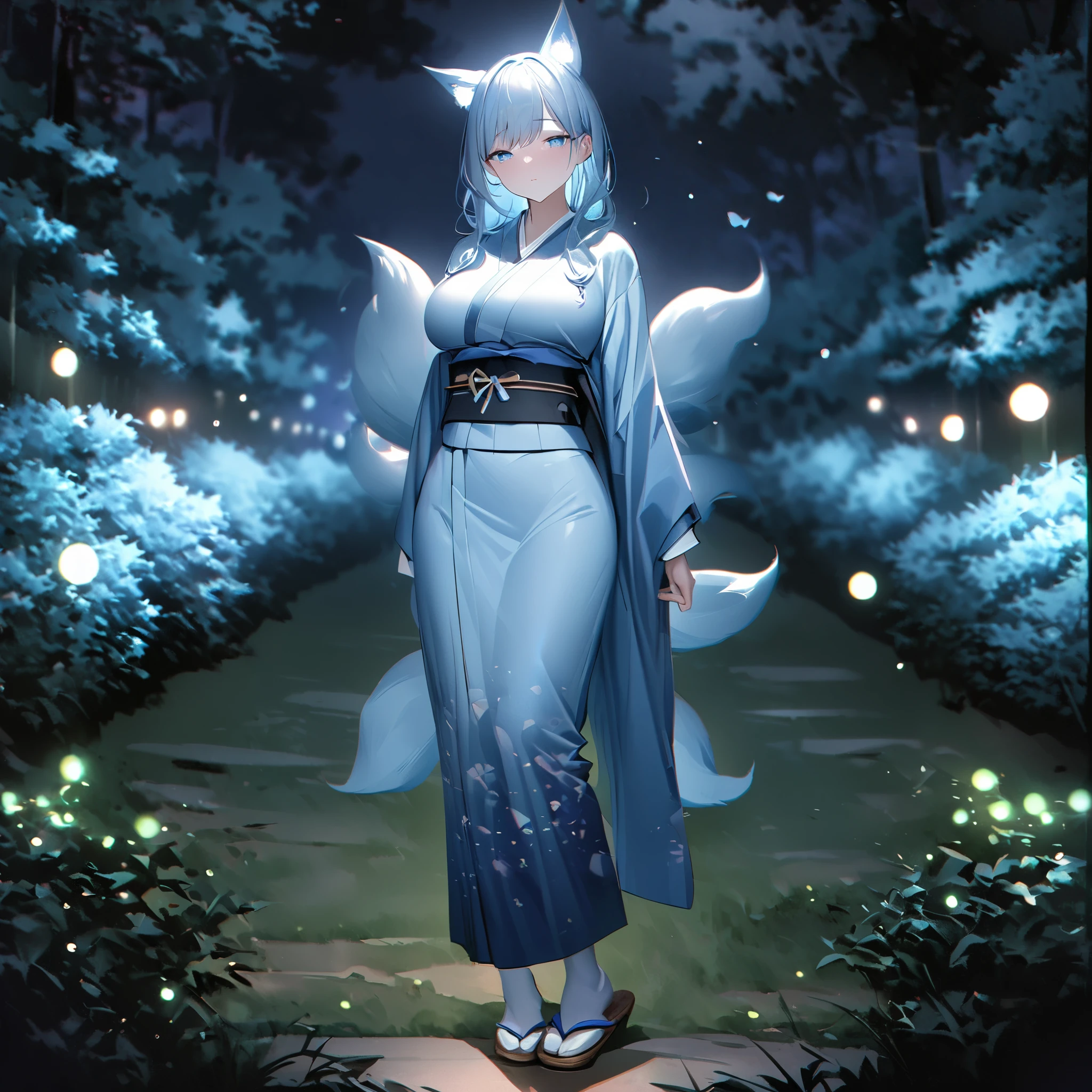 A woman wearing a long kimono, with faint blue long sleeves, long light sea blue hair, blue eyes, large breasts, long white socks, Japanese wooden slippers, walking in a Japanese garden at night, kitsune ear, kitsune tail, multi tail, fireflies on site, full body, traditional Japanese trees, sleepy face, perfect face,bokeh effect, stereogram, tachi-e, pov, atmospheric perspective, high detail, luminism, hyperrealism, brightness, 8k, super detail, accurate, best quality, high resolution, award-winning, anatomically correct ( solo woman) 
