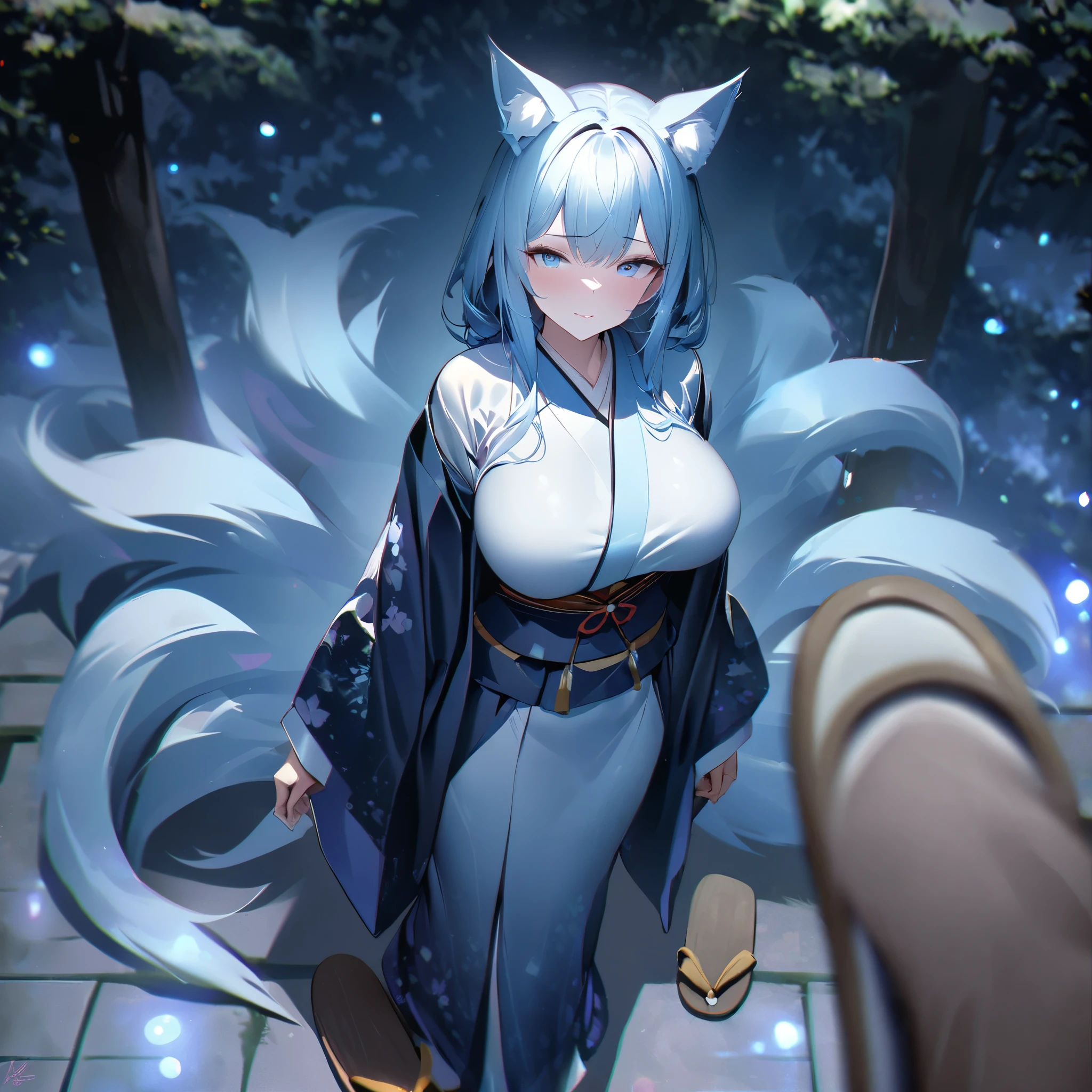 A woman wearing a long kimono, with faint blue long sleeves, long light sea blue hair, blue eyes, large breasts, long white socks, Japanese wooden slippers, walking in a Japanese garden at night, kitsune ear, kitsune tail, multi tail, fireflies on site, full body, traditional Japanese trees, sleepy face, perfect face,bokeh effect, stereogram, tachi-e, pov, atmospheric perspective, high detail, luminism, hyperrealism, brightness, 8k, super detail, accurate, best quality, high resolution, award-winning, anatomically correct ( solo woman) 
