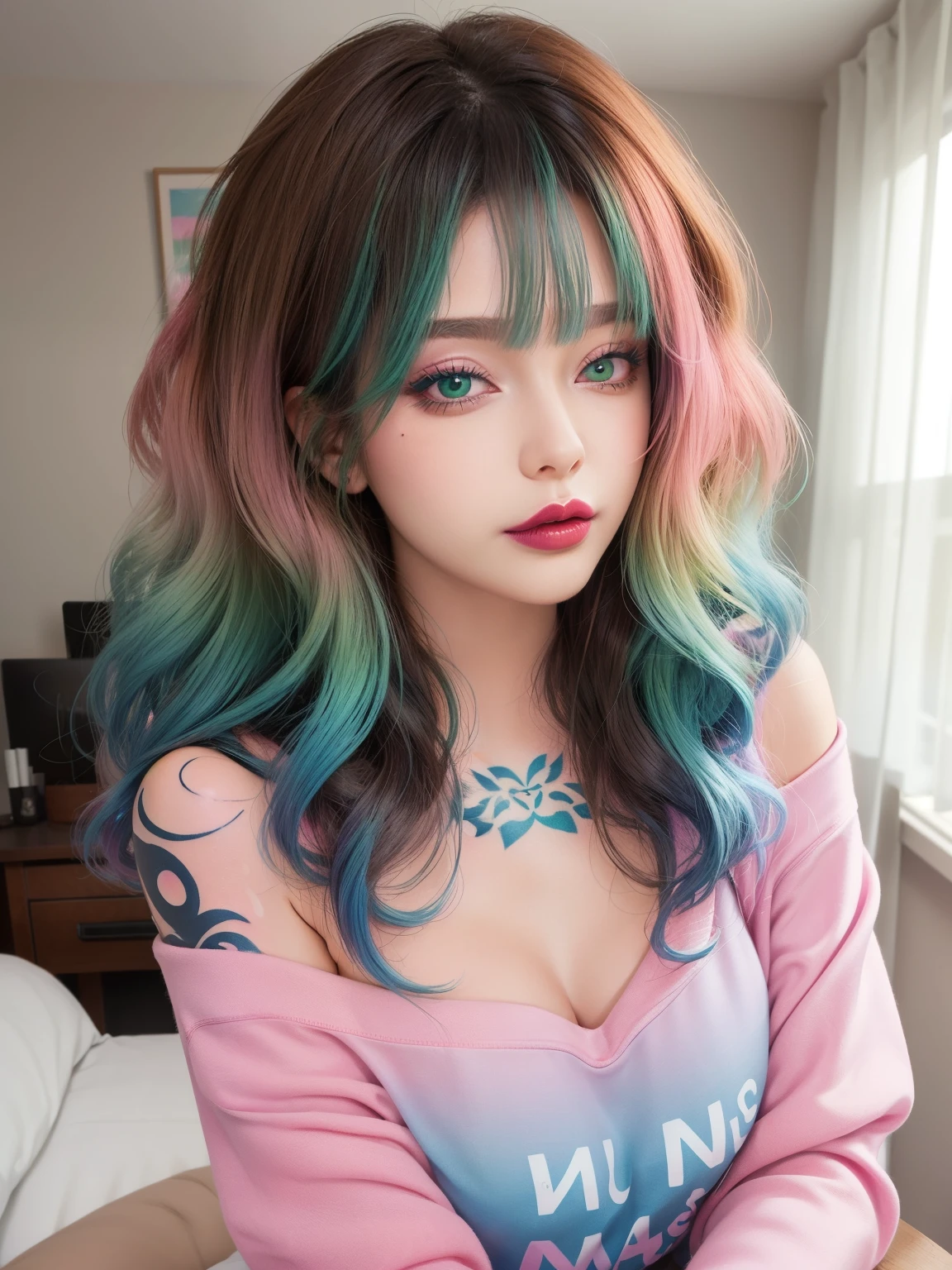 masterpiece, adult, pink themed room, woman with green to blue ombre hair, lipstick, tattoos, bangs, curly hair, eye shadow, smoky eyes, smokey eyes, sweatshirt, off the shoulder, very long hair