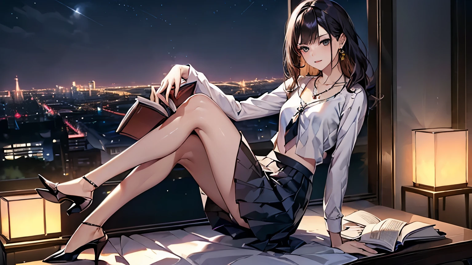 ((Biologically correct limb count))、(( Full-body photo including face))、4K、((Standing position))、masterpiece、((Focus on the face))、((Symmetrical facial features))、Eye for detailed depiction、Beautiful woman、Excellent style、Beautiful clavicle、Beautiful feet、Beautiful Hands、Slender body、(Small Ass、Thin thighs)、(High heels)、Detailed depiction of the face、Small earrings、necklace、(shirt、(Block pleated skirt))、Glancing sideways、tie、Night cityscape、Great background、Low Angle、Reading a book、Attractive legs