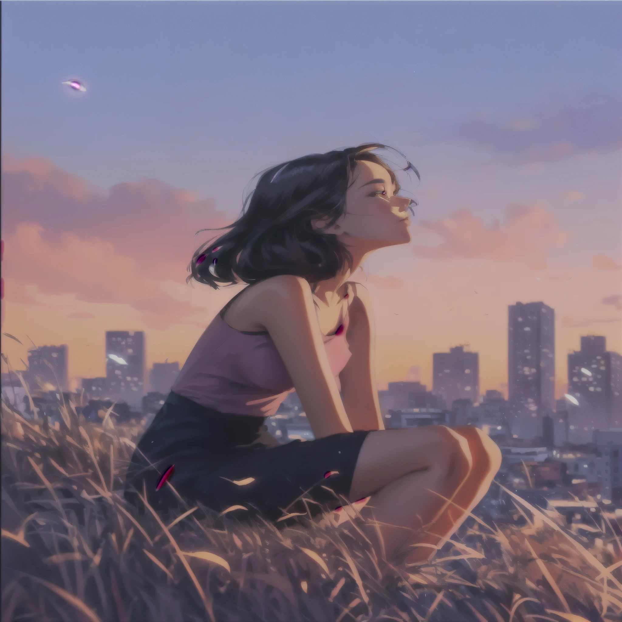 Woman sitting on a hill looking at the city, Landscapes by Ilya Kuvshinov, style of Alena Aenami, inspired Alena Aenami, Cyril Rolland and Goro Fujita, art of Alena Aenami, Digital Art Ilya Kuvshinov, Inspired by Cyril Rolland, artistic. Alena Aenami, Alena Aenami