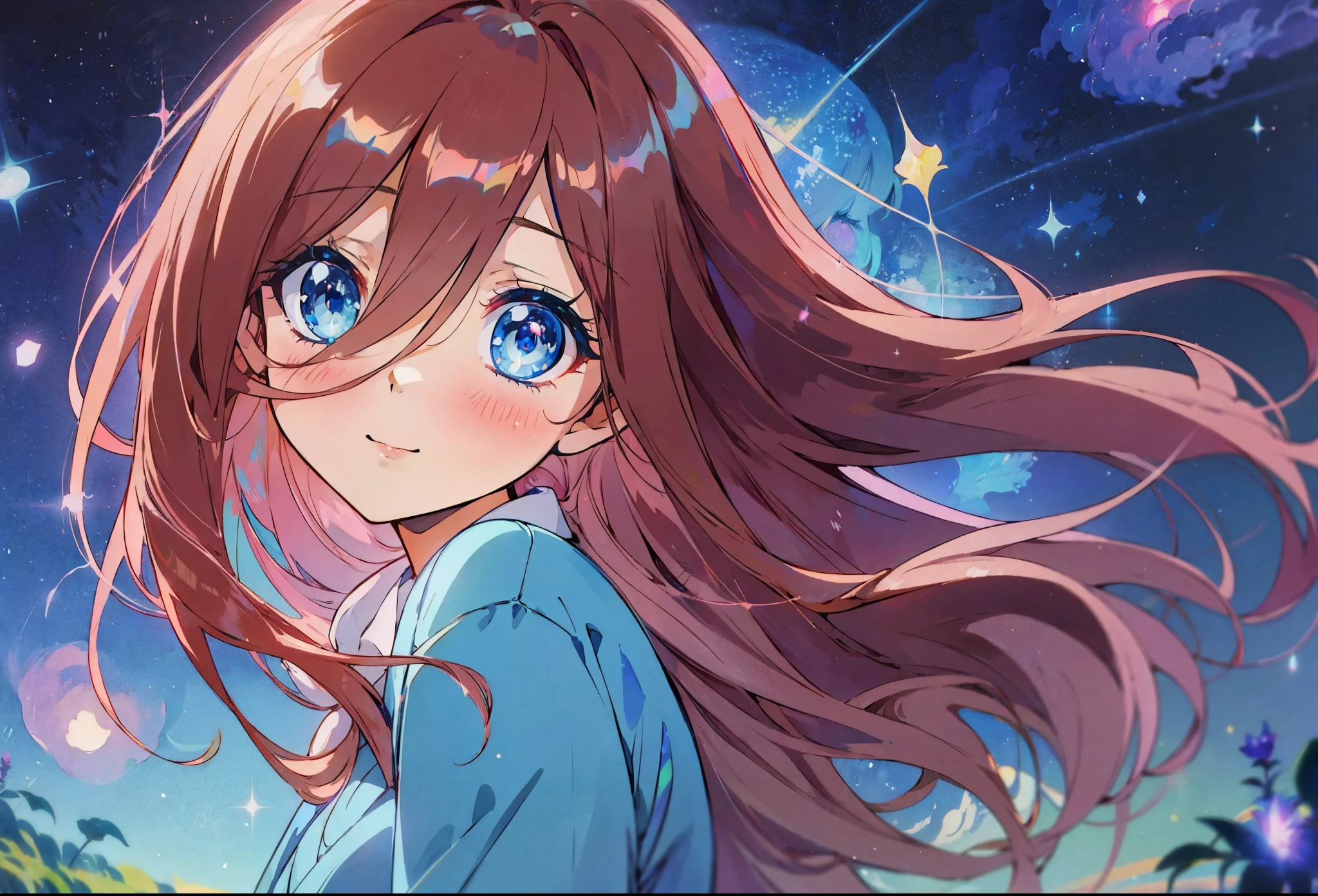 official art, unified 8k wallpaper, Super detailed, beautiful and Aesthetic, high quality, masterpiece, best quality, (tangled, mandala, tangled, twist: 0.6), 1 female, Miku nakano, blue eyes,  fluffy brown red hair, nakano_miku, sparkling eyes, perfect face, soft smile, sweet face, lovely, light blue sweater cardigan, collared white shirt, green pleated skirt, flowing glowing hair, soft vivid colours, lovely, splendid, delicacy, 4k, watercolor illustration, disney art style, dreamy nebula, fairy core, pearly dim light, soft pastel colours, diffused dreamy light, pearly nebula, Heart, iridescent, crystal,  blue sky, pastels, dark starry sky,  glowing aura around her, fantasia otherworldly landscape, octans, sky, star (sky), scenery, light blue sky, 1girl, solo, outdoors, cloud, milky way, sitting, pale moon, magical photography, ultra-detailed, 4k, Depth of field, High-resolution, outdoors, night, starry sky, starts made of iridescent tears, pastel aesthetic colors, sfw, masterpiece, 4k, ultradetailed, cowboy shot, sparkling eyes,  smile, happy, cute, looking at the sky, dim light, ​masterpiece、top-quality、Beautifully Aesthetic:1.2)、(a beauty girl:1.3)、vivid colours、colourful、Large ribbon、Wallpapers, night, dark, Soft Light, Deep Focus Bokeh, fantasy, galaxy, sparkling, splendid, colorful, magical photography, dramatic lighting, intricate details, (1 girl, solo, alone) crystal, fantasy, shimmering, sparkling, colorful, bright colours. fix her hands