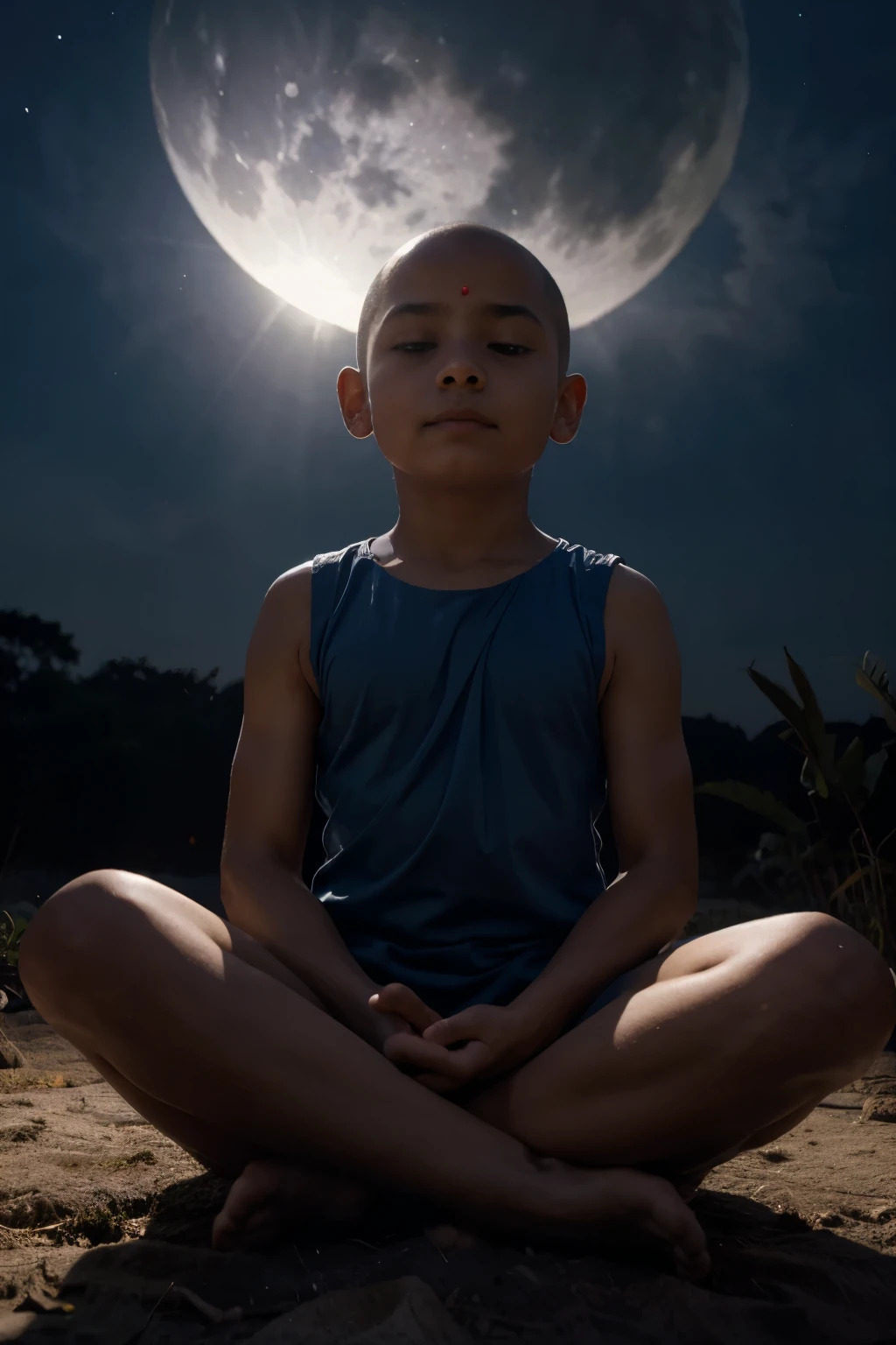 Child image of a bald Indian meditating. roupas de costumes budista. night sky , com uma enorme lua cheia. cinematic lighting. Child Full moon landscape