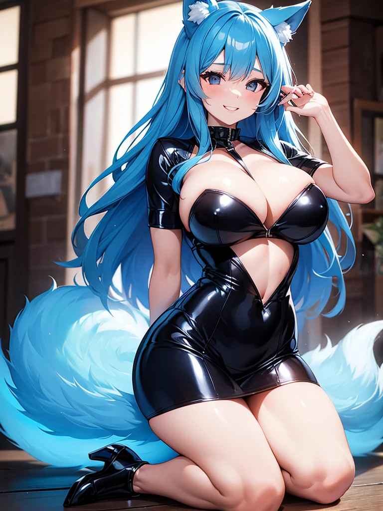 Happy woman, with wolf ears and blue hair, holding her cheeks, wolf tail, wearing a latex dress, looking at veiwer, full body, you can see her chest, naked breasts