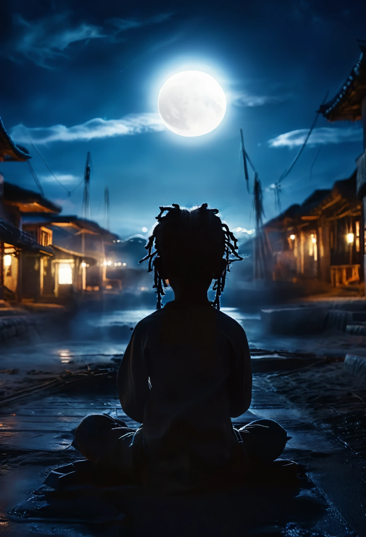 Child image of a black , with dreadlocks on his head meditating. roupas de costumes budista. night sky , com uma enorme lua cheia. cinematic lighting. Child Full moon landscape