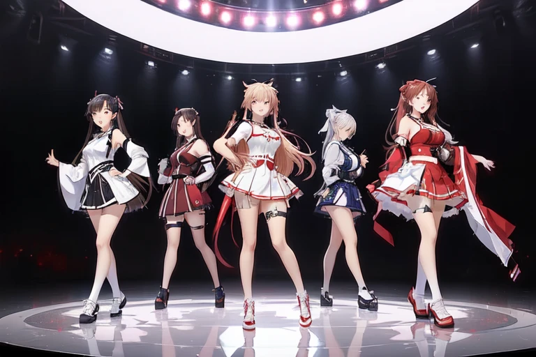 a group of anime girls in short skirts and red and white dresses, characters from azur lane, from the azur lane videogame, azur lane style, girls frontline cg, girls frontline style, trending on cgstation, kantai collection style, hololive, girls frontline universe, from girls frontline, waifu, idolmaster, trending at cgstation