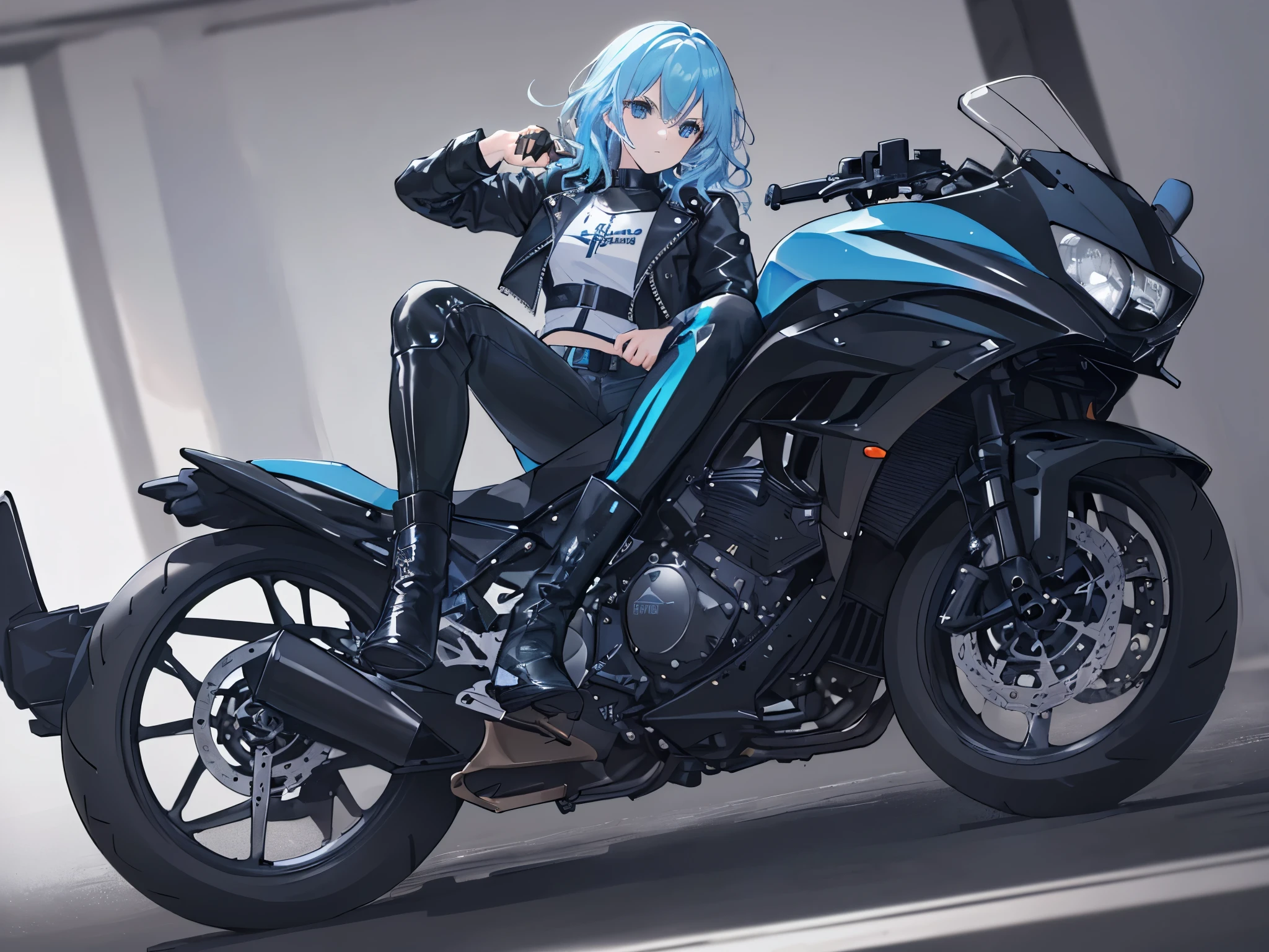 (((masterpiece, highest quality, High resolution,8k))),medium hair,Light blue hair,wavy hair,Light blue eyes,black rider's leather jacket,black leather rider's pants,boots,GSX,Leaning on the motorcycle,Have a helmet,