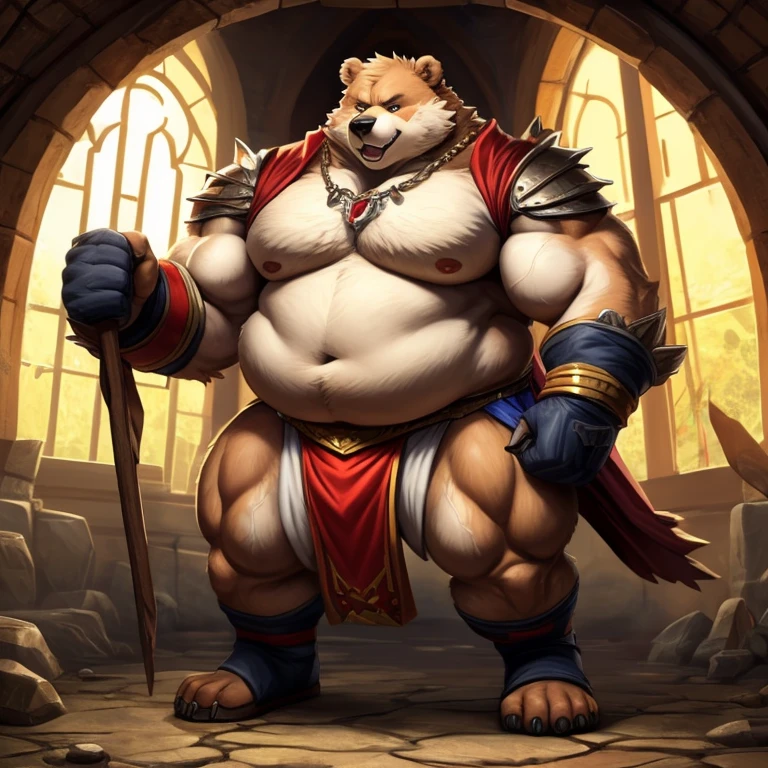 ((Masterpiece)),((Hight quality)),((Hught Detailed)),((Realistic,)) Anime Artistic masterpiece art, Concept anime art, Kemono art, Furry character, Kemono art, Full body pic, Shonen Anime style, full body image, Dungeons and Dragons style, Anthropomorphic Obese teen bear (strong legs and arms) He is a Heroe. he are big massive, very strong, muscular and obese, In one of his adventures he found a magical loincloth that made his body swell and grow bigger, stronger, muscular, thick, hard and obese, that made him become a hero for the people.