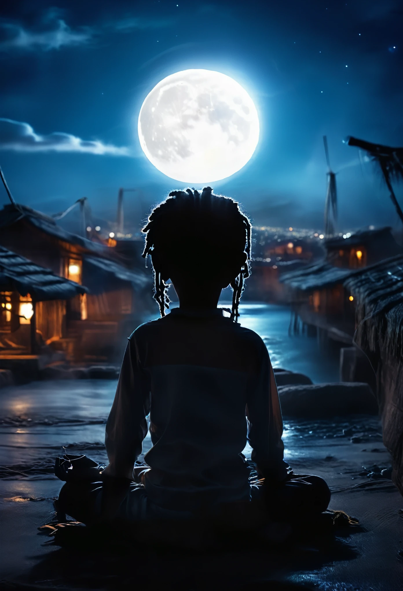 Child image of a black , with dreadlocks on his head meditating. roupas de costumes budista. night sky , com uma enorme lua cheia. cinematic lighting. Child Full moon landscape 