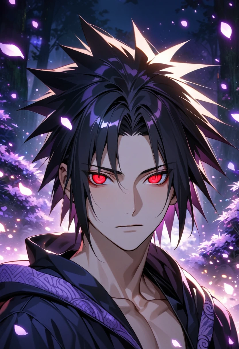 Ultra detailed, Highres, absurdres, HDR, Uchiha Sasuke, black hair, expressive red eyes, Naruto Shippuden, black clothes with patterns with a hoodie, sexy man, solo, purple flowers, shining fireflies, handsome, petals, shining purple lights, shining purple moon, toned chest, extremely detailed eyes and face, master piece,