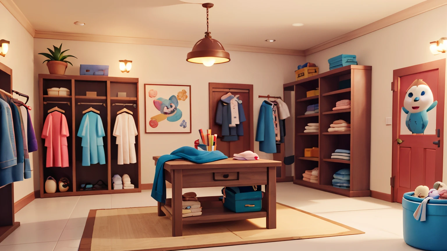 Manga style, ,Casual Game Style, Women's changing room,Clothing model,Full Frame Lens,Unreal Engine,Pleasant interior lighting,Art Station,Detailed digital painting,Cinema Lighting,Mark Ludden、Pixar、Hayao Miyazaki character design,Macaron color scheme,Daz,Adorable,Octane Rendering,3DMDT1,attention arousal,Vacant rooms