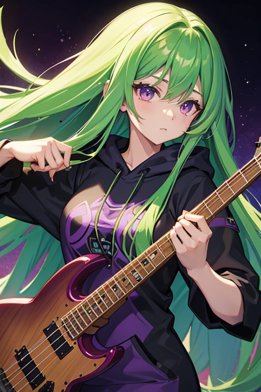 background through, long hair、straight hair、deep green hair girl, purple eyes、Super high quality, 8K、Upper body、purple background、Band bassist、black hoodie、purple bassguitar、big tits, deep green-haired girl、green hoodie,
