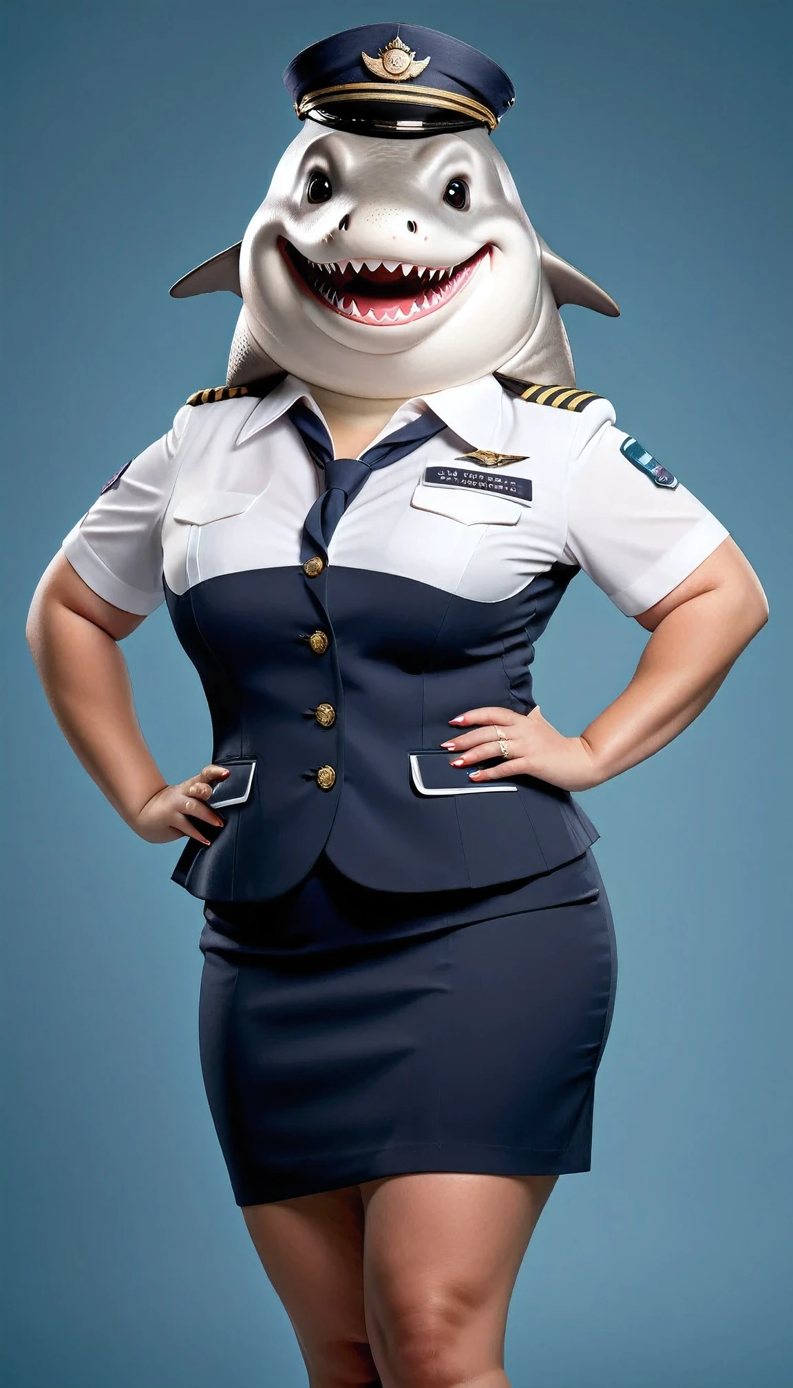 photorealistic portrait of Dressed animals - a ((fat)) shark Flight attendant,(elegant pose),(happy smile),(), high quality,(lovely) ,intricate details, highly detailed (Flight attendant uniform), earrings,, skirt, (happy), studio lighting,(full body image:2.0)