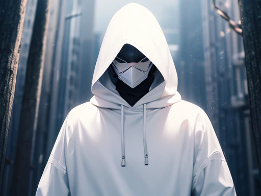 a completely white person wearing a white sweatshirt with a white hood, wearing a white mask with almost no details where the mask has two buttons for the eyes and a sad mouth sewn onto the mask, the character is in full body, with his hands in his pockets, he is looking forward, behind him there is a dark forest with moon lighting, only this character in the drawing, the clothes have no details and the mask too