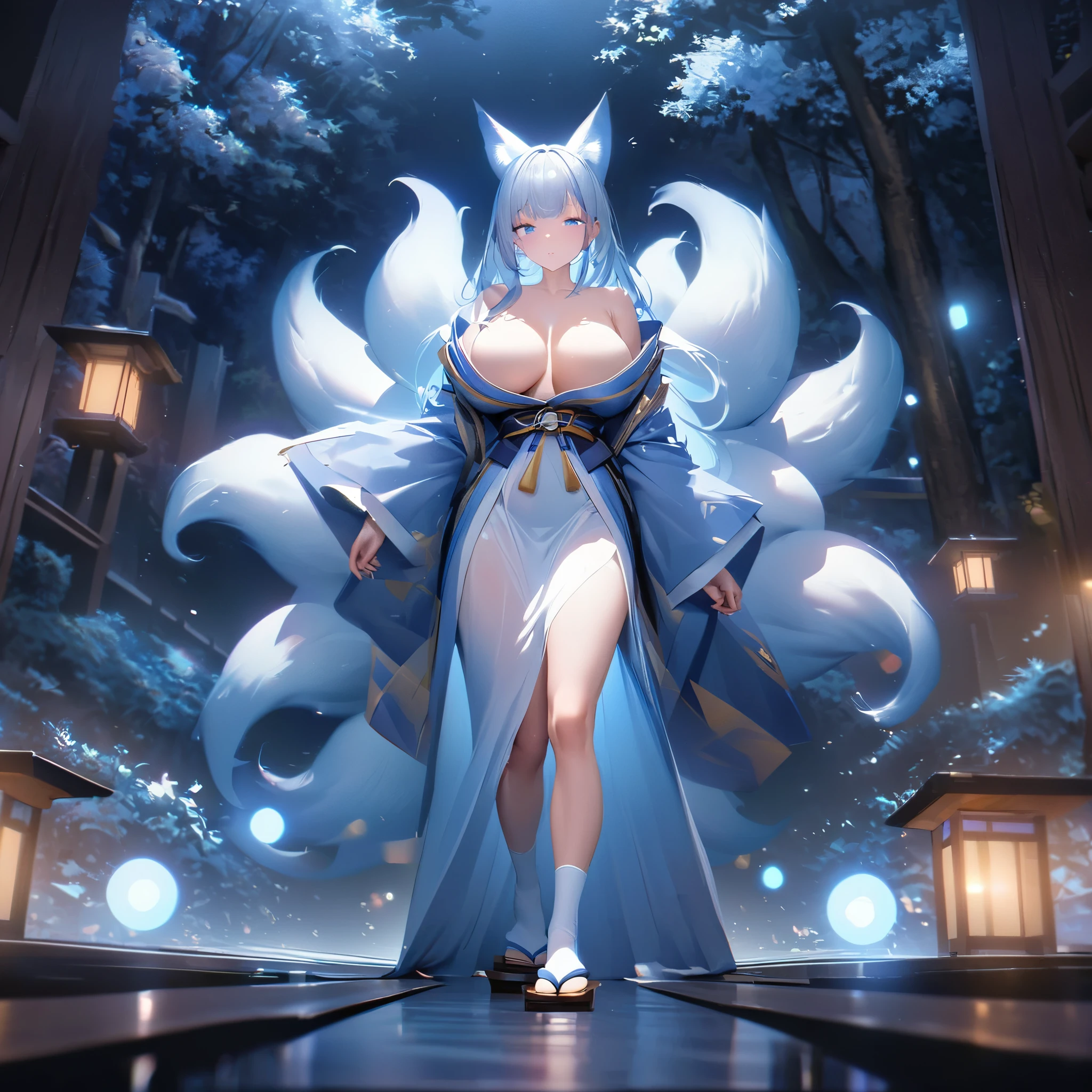 A woman wearing a long kimono, with light blue long sleeves, long light navy blue hair, blue eyes, large breasts, long white socks, Japanese wooden slippers, walking in a Japanese garden at night, illuminated place, exposed shoulder, chest exposed, kitsune ear, kitsune tail, multiple tail, fireflies in place, full body, traditional Japanese trees, sleepy face, perfect face, bokeh effect, stereogram, tachi-e, pov, atmospheric perspective, high detail, luminism, hyperrealism , bright, 8k, super detail, accurate, best quality, high resolution, award winning, anatomically correct (woman alone)
