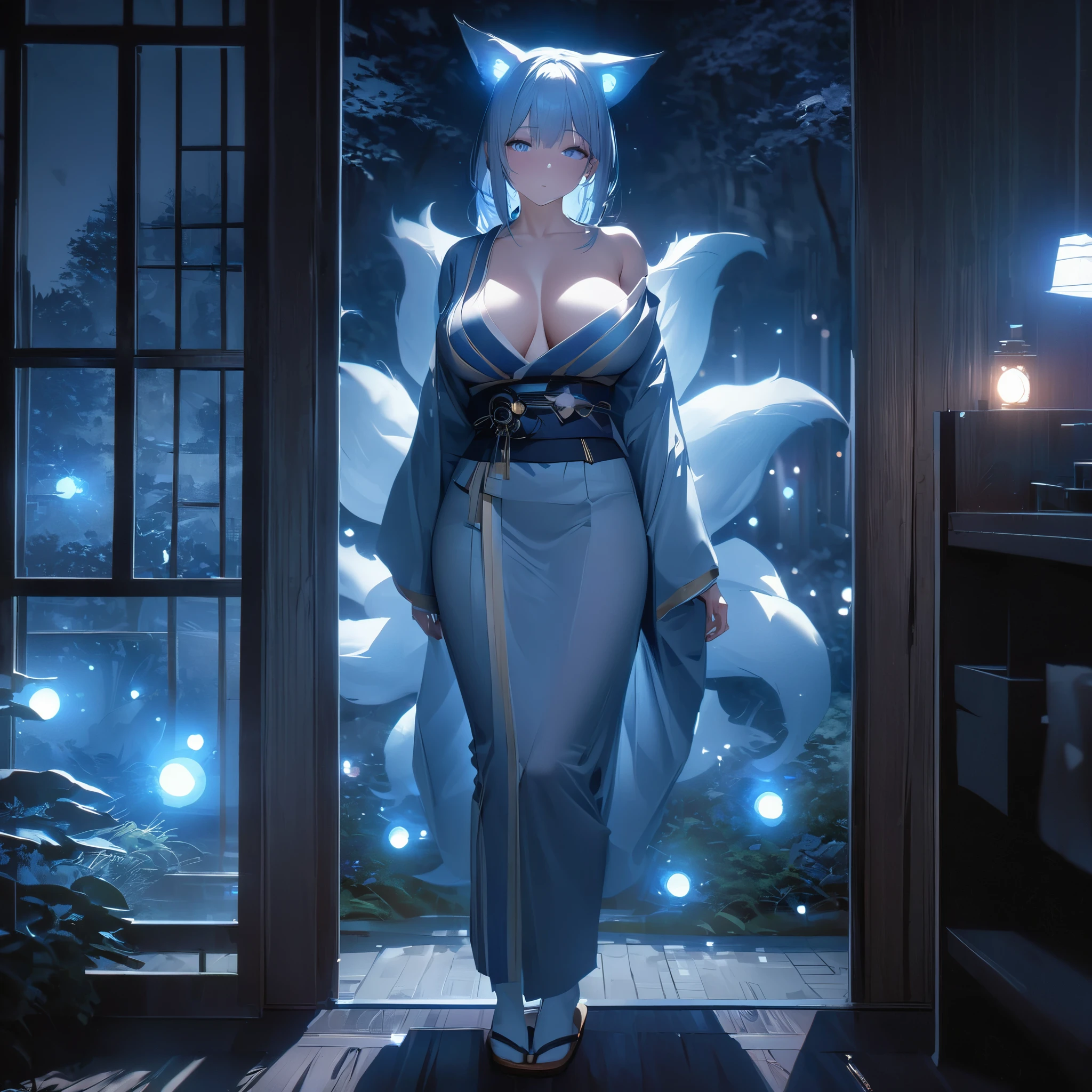 A woman wearing a long kimono, with light blue long sleeves, long light navy blue hair, blue eyes, large breasts, long white socks, Japanese wooden slippers, walking in a Japanese garden at night, illuminated place, exposed shoulder, chest exposed, kitsune ear, kitsune tail, multiple tail, fireflies in place, full body, traditional Japanese trees, sleepy face, perfect face, bokeh effect, stereogram, tachi-e, pov, atmospheric perspective, high detail, luminism, hyperrealism , bright, 8k, super detail, accurate, best quality, high resolution, award winning, anatomically correct (woman alone)
