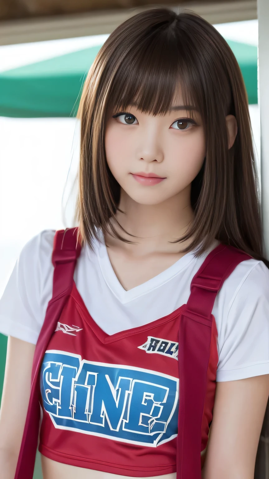 Colorful Cheergirl Costume、Sexy Big 、A cute -yeld giwith a sexy and cute look, beautiful and sexy face、A strong wind blows my hair in front of my face、With straight blonde hair、beautiful, Cute and sexy eyes hidden behind long bangs、Cute Cheergirl