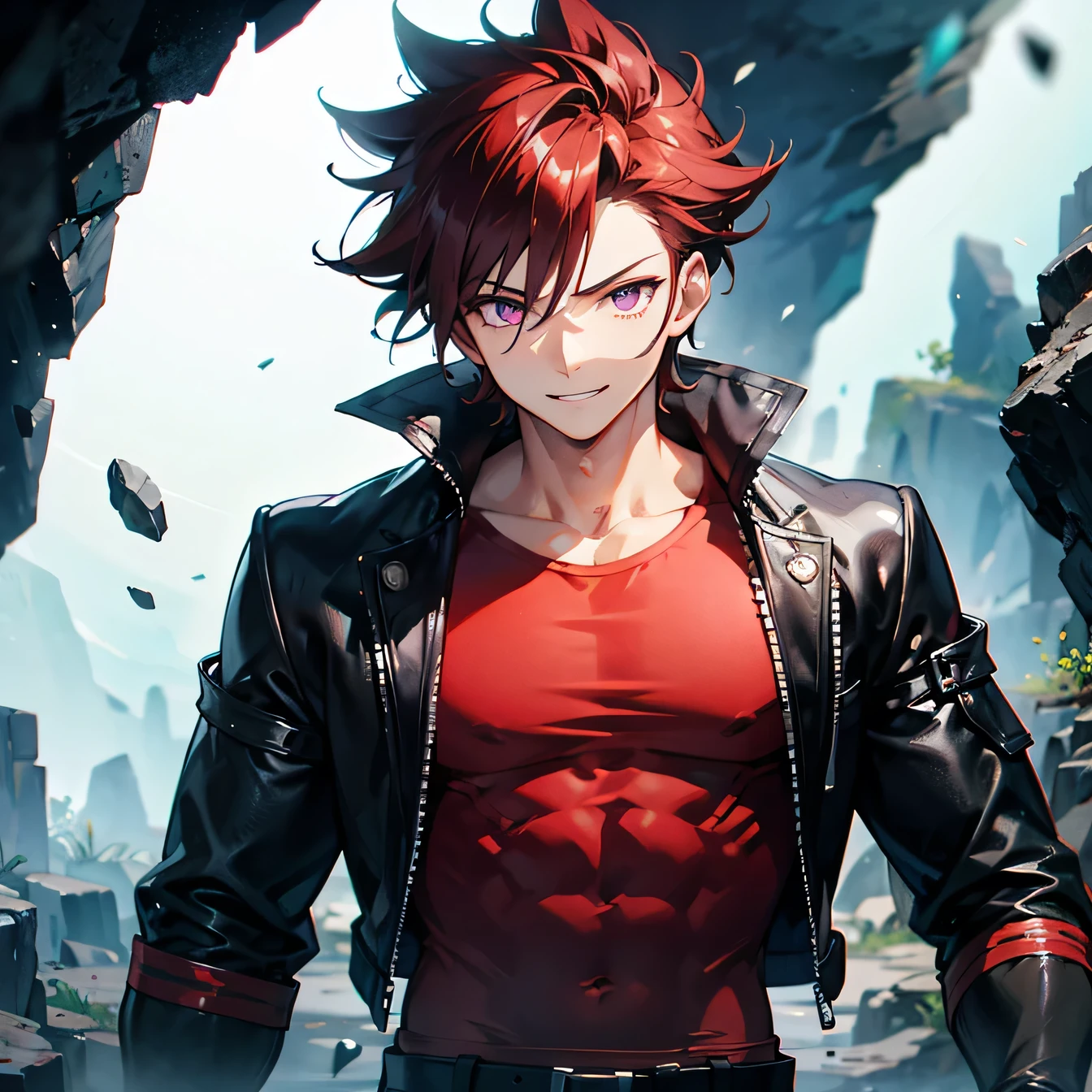 Anime art style,highest quality,High resolution,Anatomically correct,One Man,Twenty generations,Dark red hair,Purple Eyes,Super detailed,Fantasy style attire,Focus on the upper body,Spiky Hair,Spiked Hair,Strong physique,Short black jacket,Plain red tank top,Black trousers,wild atmosphere,Confident々Smile,Cave entrance,8K