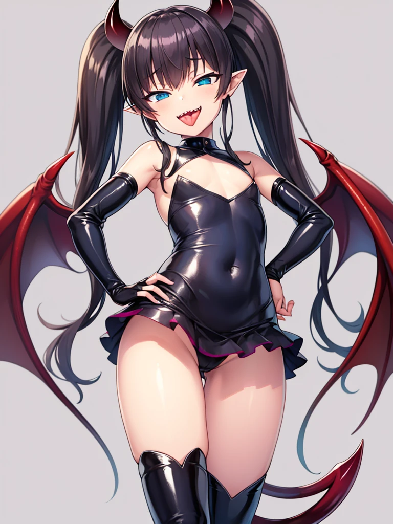 tachi-e, game cg, Highly detailed and realistic CG, Colorful, Masterpiece, Best Quality, jewel-like eyes, 1girl, solo, black hair, shiny hair, long straight hair, very long twintails, slender, skinny legs, succubus girl,succubus luxury dress, mini skirt, succubus boots, aqua blue eyes, flat chest, black elbow gloves, latex, smirk, smile, jitome, half-closed eyes, tsurime, simple background, from pov, best quality eyes, sharp teeth, tsundere, standing, contrapposto, hand on hip, (shiny skin:1.0), succubus wings, succubus tail, mesugaki, teasing, smug, cute girl, , open mouth, fangs, tongue out, pointy ears, pink heart tattoo, (Sharp Focus:1.2), Thin arms, Thin legs, outline, Evil Female Executive Succubus,