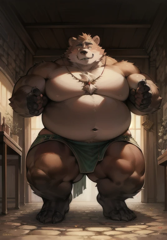 ((Masterpiece)),((Hight quality)),((Hught Detailed)),((Realistic,)) Anime Artistic masterpiece art, Concept anime art, Kemono art, Furry character, Kemono art, Full body pic, Shonen Anime style, full body image, Dungeons and Dragons style, Anthropomorphic Obese teen bear (strong legs and arms) He is a Heroe. he are big massive, very strong, muscular and obese, In one of his adventures he found a magical loincloth that made his body swell and grow bigger, stronger, muscular, thick, hard and obese, that made him become a hero for the people.