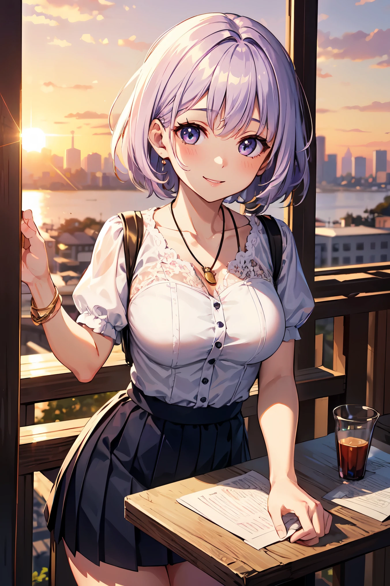 highest quality, Detailed face, One girl, Mid-ed, smile, Casual clothing, skirt, (Charm, Puffy :1.2), Excellent anatomy, View Viewer, Soft Focus, Golden Hour Lighting, Depth of written boundary, Short Hair, Happy expression, White purple hair, Lace shirt, skirt, Sunset sky