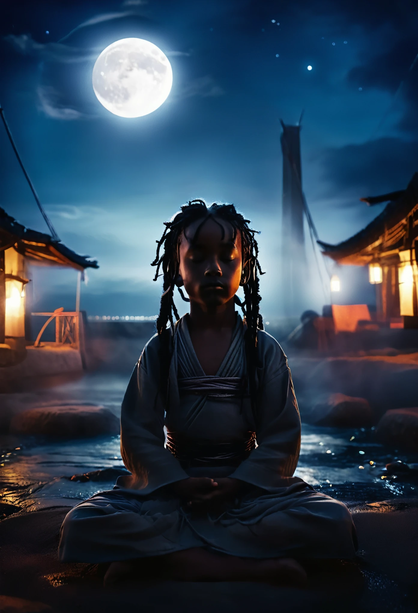 Child image of a black , with dreadlocks on his head meditating with his eyes closed. roupas de costumes budista. night sky , com uma enorme lua cheia. cinematic lighting. Child Full moon landscape 