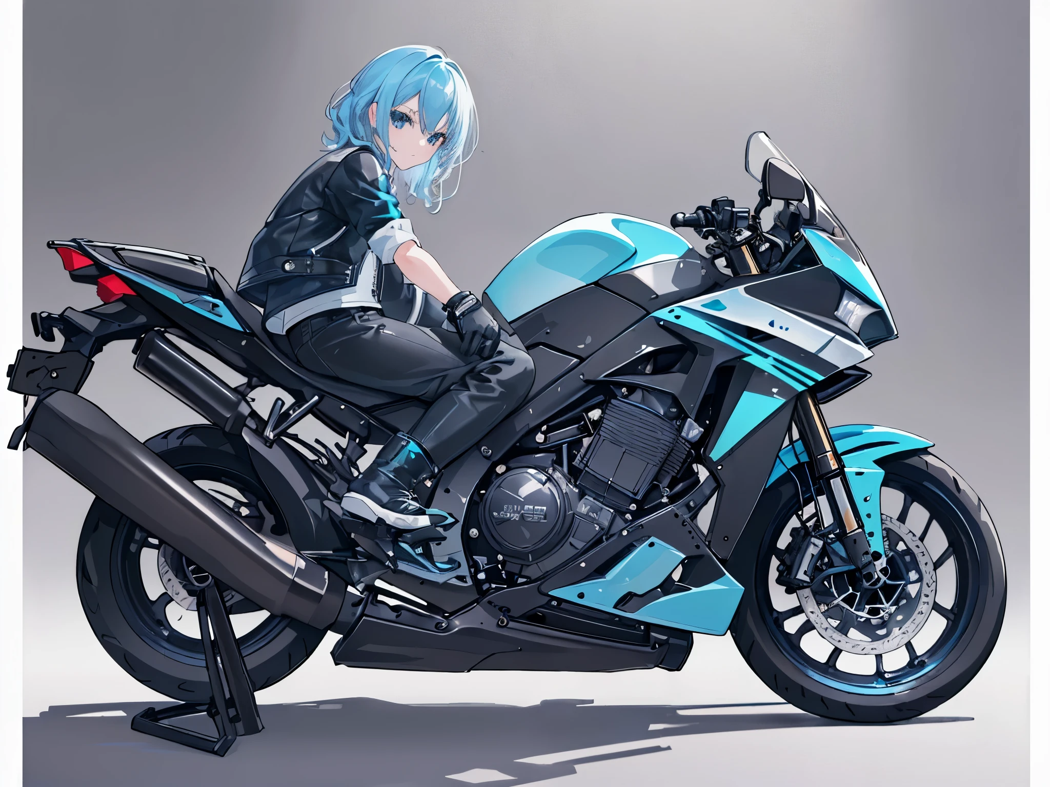 (((masterpiece, highest quality, High resolution,8k))),medium hair,Light blue hair,wavy hair,Light blue eyes,black rider's leather jacket,black leather rider's pants,boots,GSX,Leaning on the motorcycle,Have a helmet,