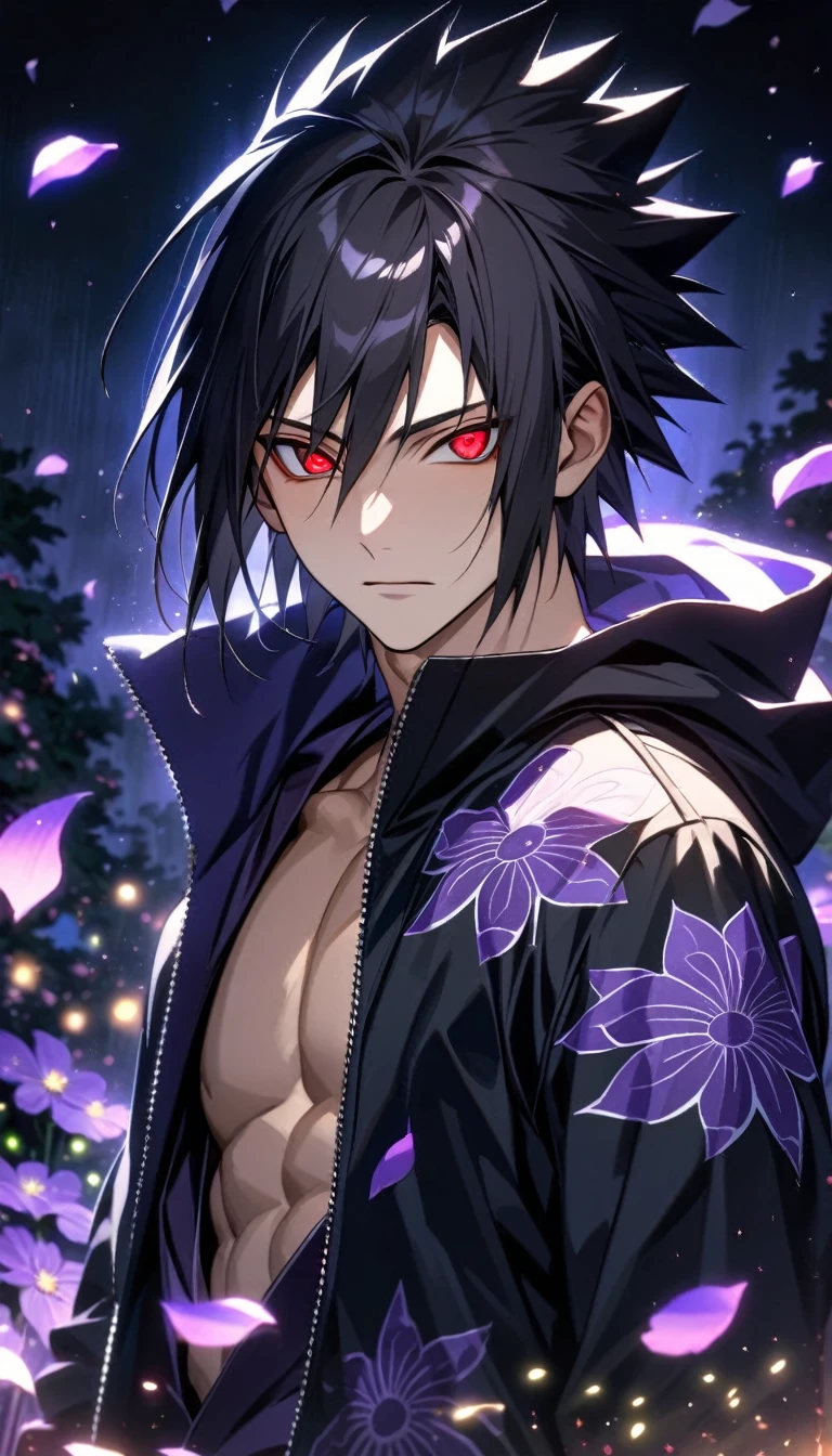 Ultra detailed, Highres, absurdres, HDR, Uchiha Sasuke, black hair, expressive red eyes, Naruto Shippuden, black clothes with patterns with a hoodie, sexy man, solo, purple flowers, shining fireflies, handsome, petals, shining purple lights, shining purple moon, toned chest, extremely detailed eyes and face, master piece,