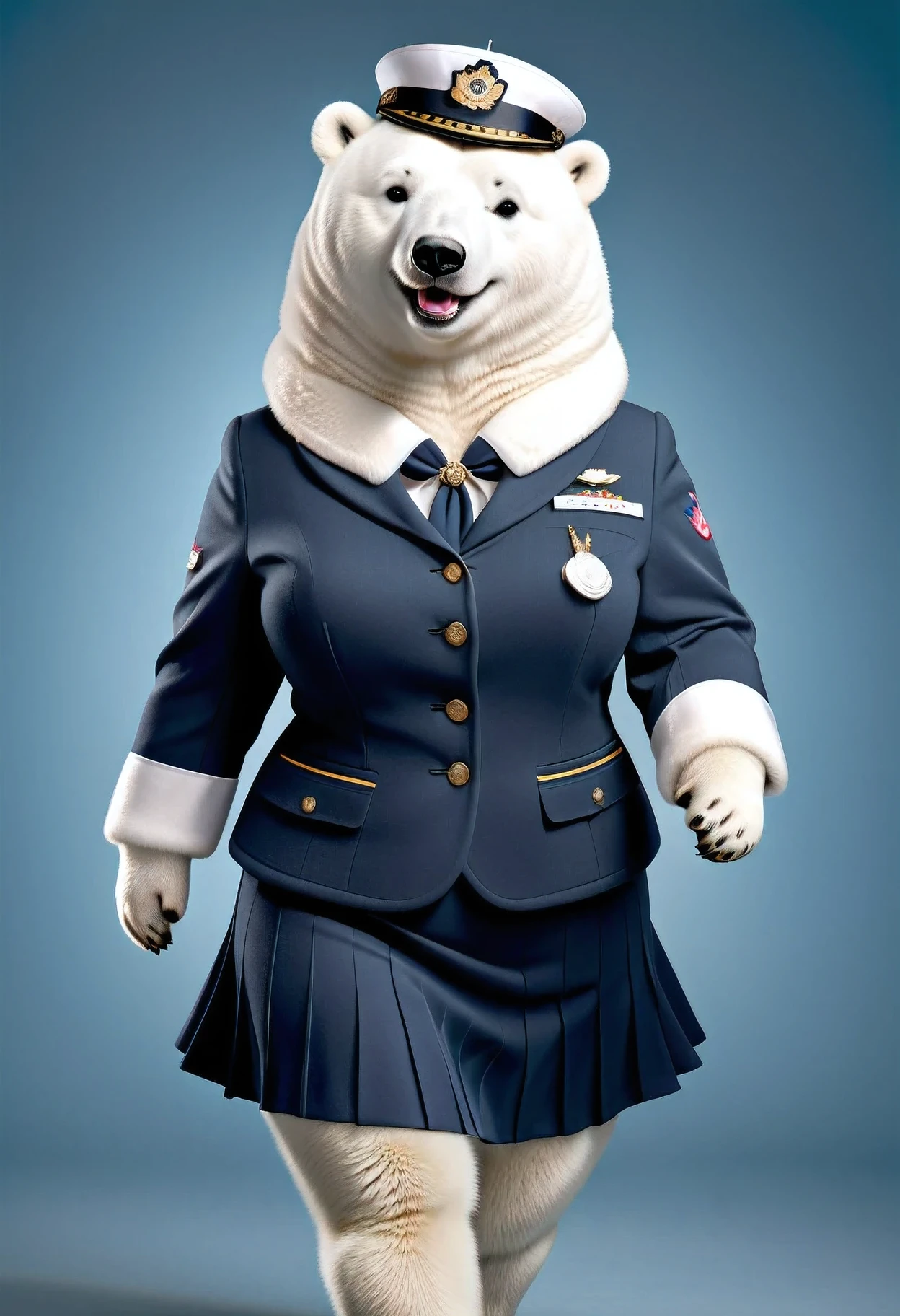 photorealistic portrait of Dressed animals - a ((fat)) polar bear Flight attendant,(elegant pose),(happy smile),(), high quality,(lovely) ,intricate details, highly detailed (Flight attendant uniform), earrings, skirt,, (happy), studio lighting,(full body image:2.0)