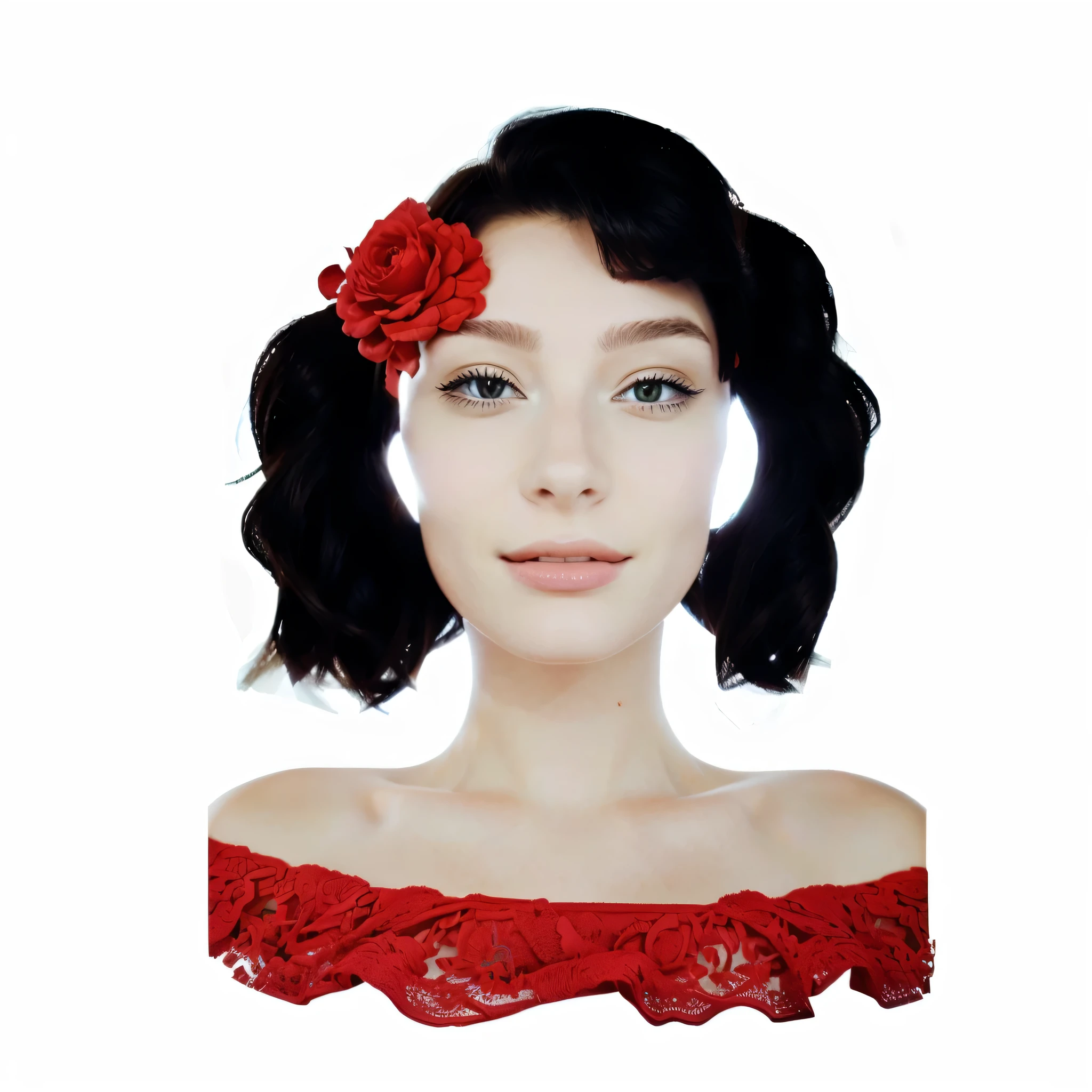 Il y a un dessin d&#39;une femme avec une fleur dans les cheveux, detailed face with red lips, Rose rouge dans les cheveux, inspiré par Coles Phillips, femme aux cheveux noirs, inspired by Grete Stern, portrait art déco, par Cicely Hey, fille avec un capitule, inspired by Josefina Tanganelli Plana, visage avec une coiffure de 1 9 2 0