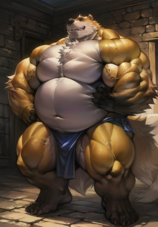 ((Masterpiece)),((Hight quality)),((Hught Detailed)),((Realistic,)) Anime Artistic masterpiece art, Concept anime art, Kemono art, Furry character, Kemono art, Full body pic, Shonen Anime style, full body image, Dungeons and Dragons style, Anthropomorphic Obese bear (strong legs and arms) He is a Heroe. he are big massive, very strong, muscular and obese, In one of his adventures he found a magical loincloth that made his body swell and grow bigger, stronger, muscular, thick, hard and obese, that made him become a hero for the people.