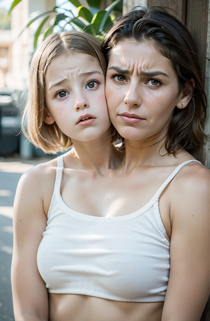 2heads, two headed girl, (one head child:1.5), (one head adult:1.5) (uncomfortable and annoyed:1.2)